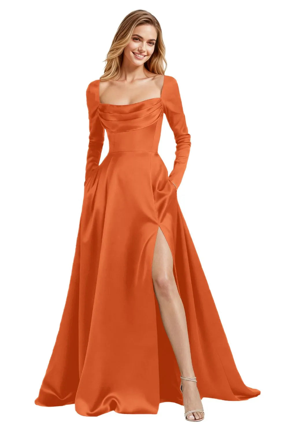 Elegant Floor Length Satin Gown with Lace Up Back