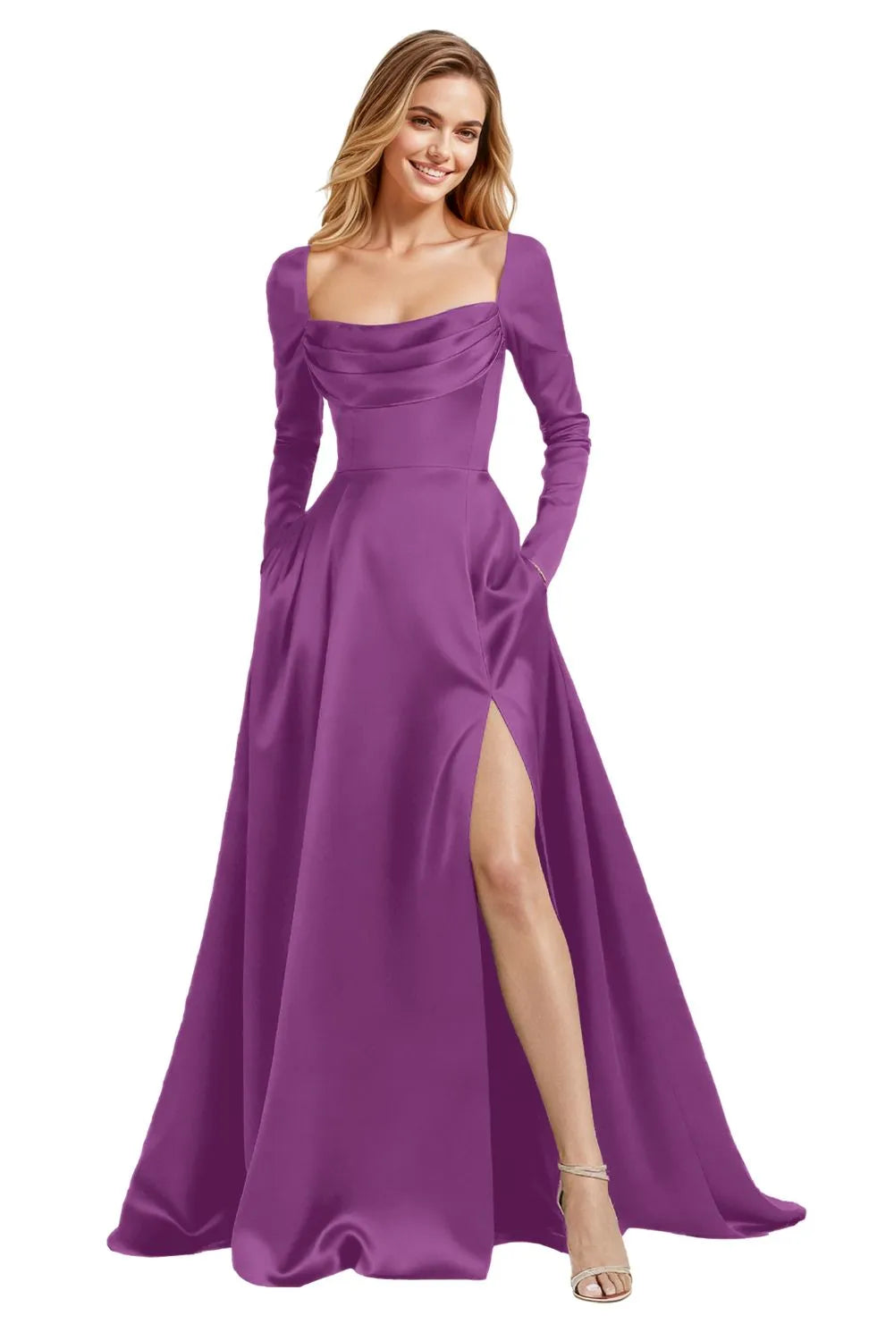 Elegant Floor Length Satin Gown with Lace Up Back