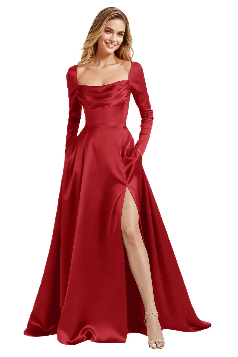 Elegant Floor Length Satin Gown with Lace Up Back