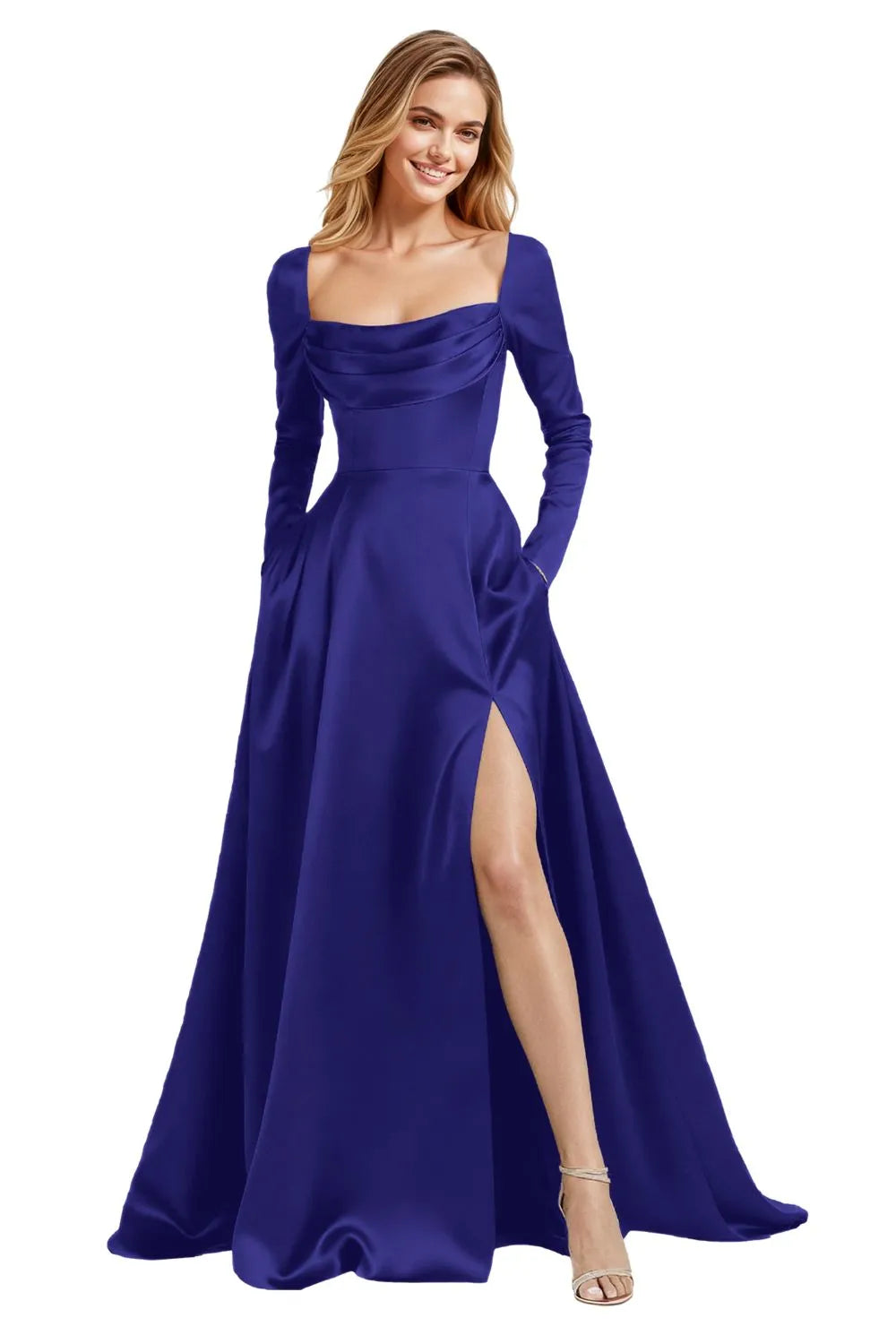 Elegant Floor Length Satin Gown with Lace Up Back