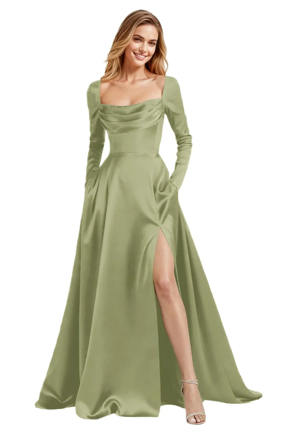 Elegant Floor Length Satin Gown with Lace Up Back