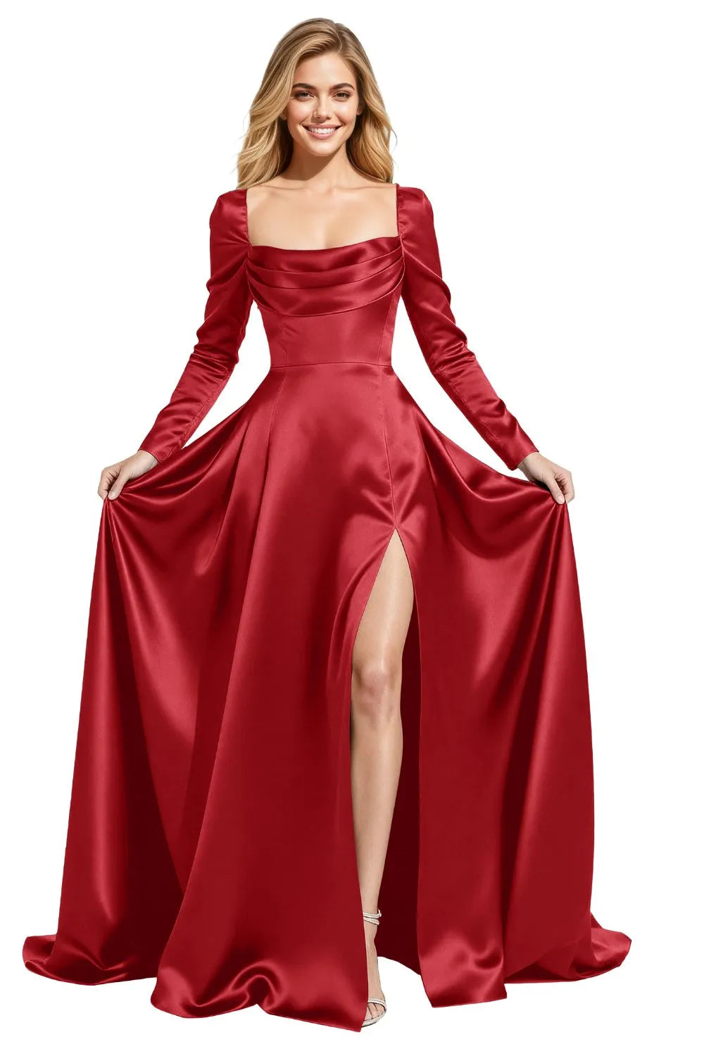 Elegant Floor Length Satin Gown with Lace Up Back