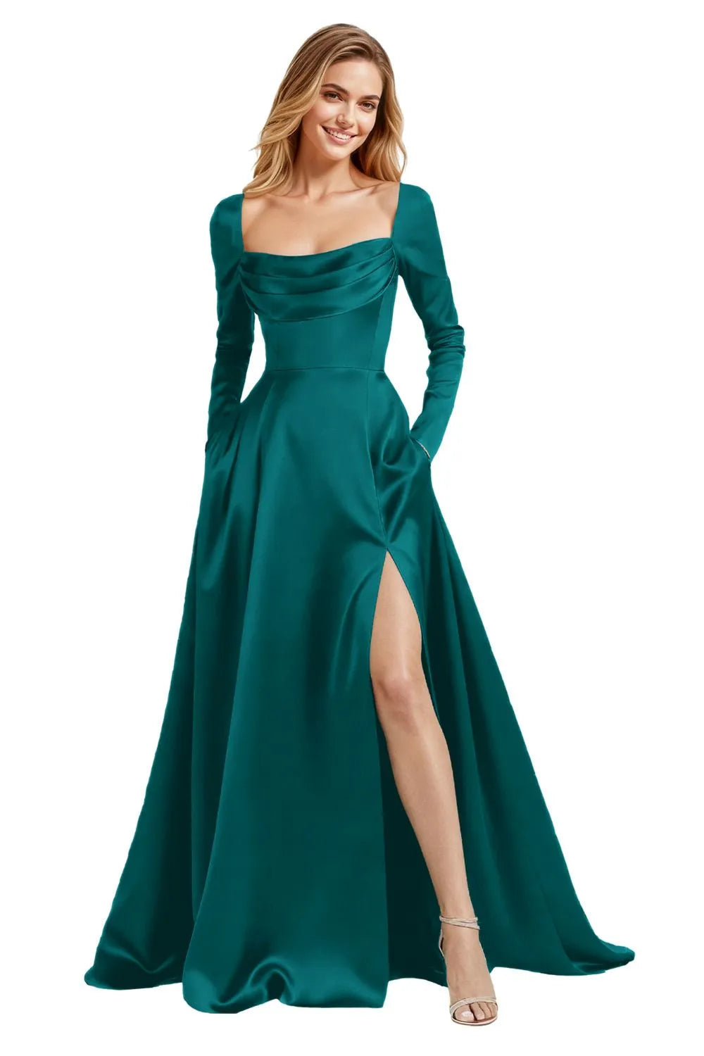 Elegant Floor Length Satin Gown with Lace Up Back