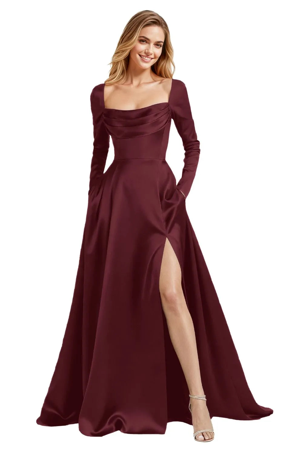 Elegant Floor Length Satin Gown with Lace Up Back