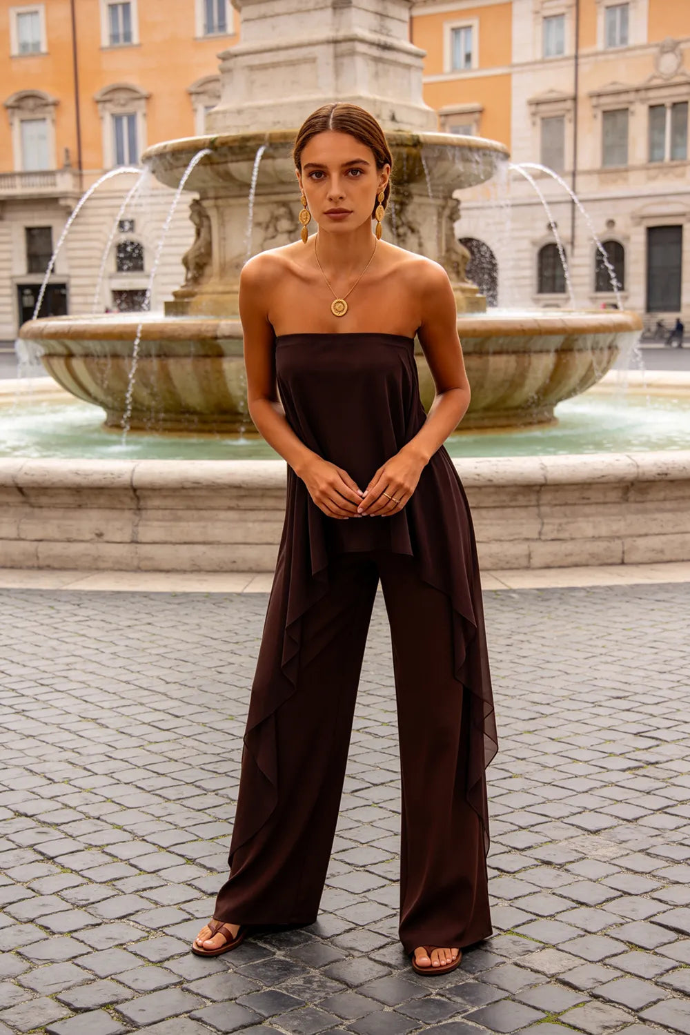 Strapless Chiffon Overlay Pant Suit