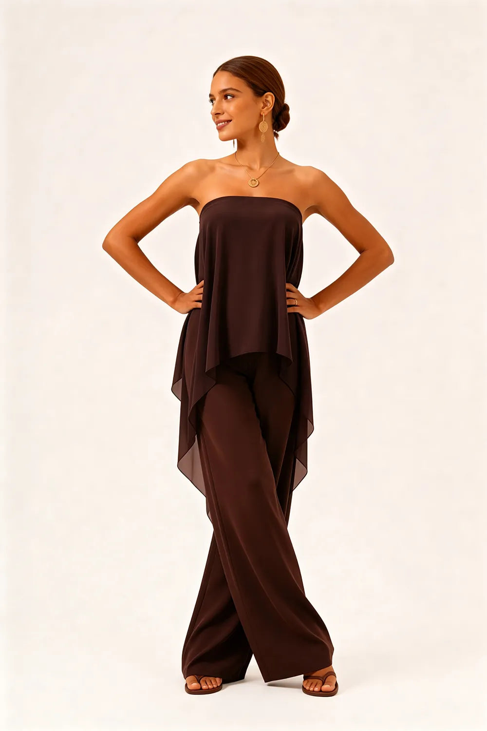 Strapless Chiffon Overlay Pant Suit