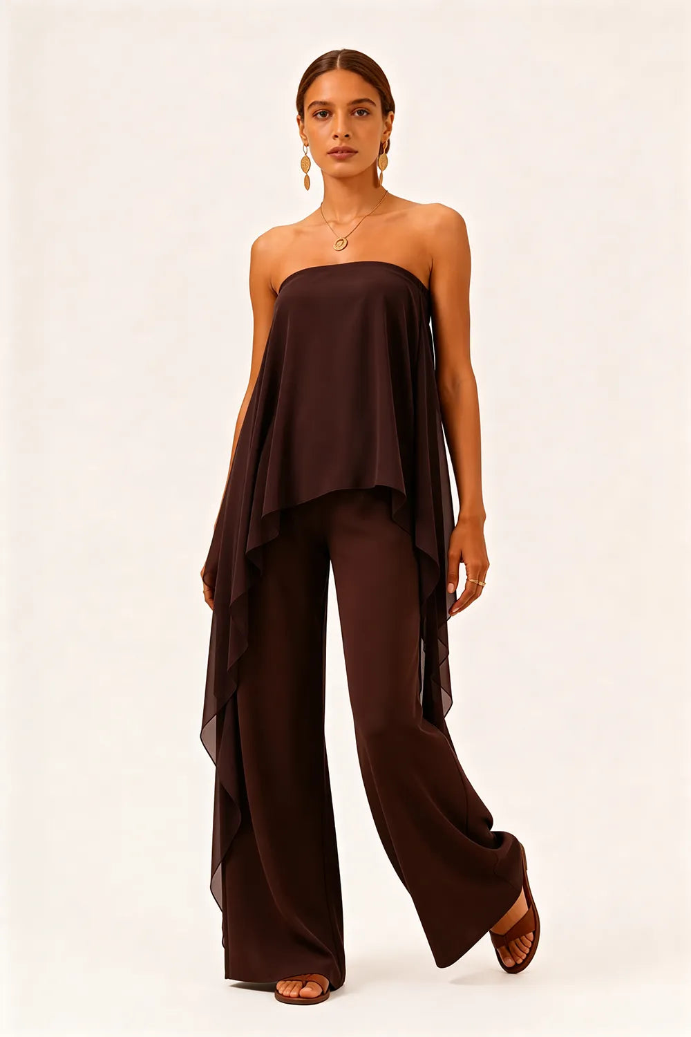 Strapless Chiffon Overlay Pant Suit