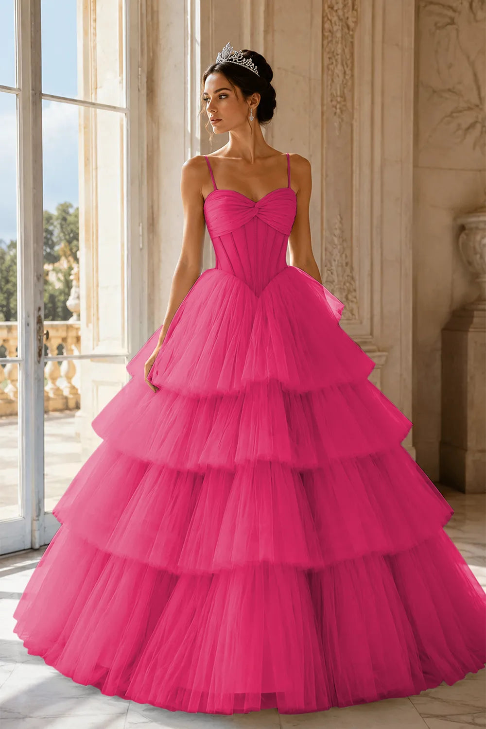 Princess Tiered Tulle Evening Ball Gown Dress