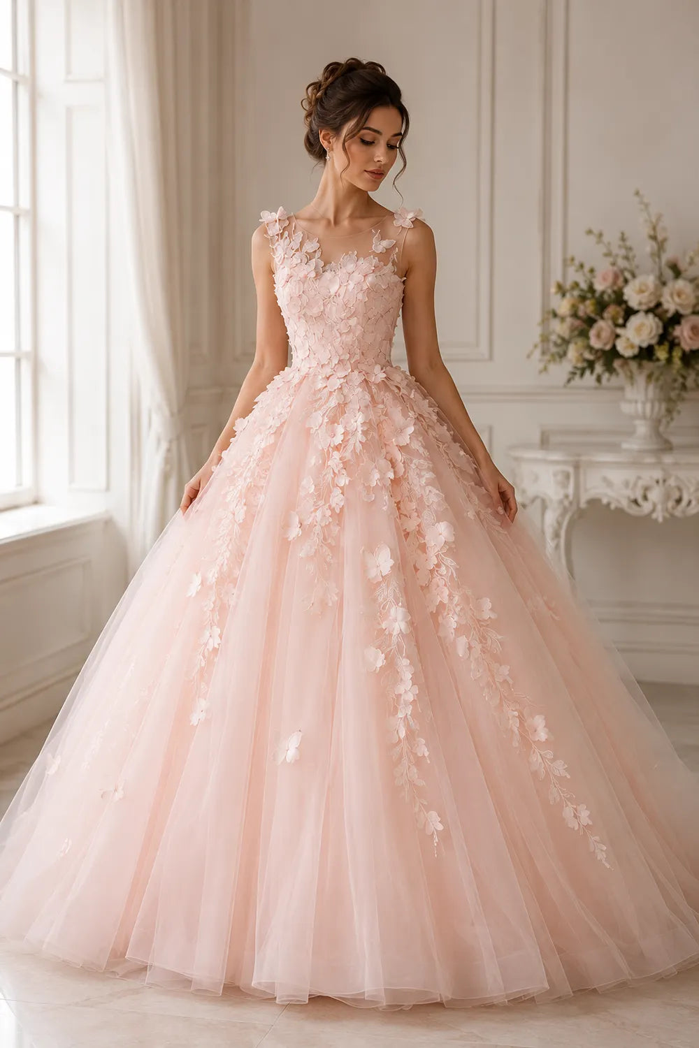 Romantic Flower Applique Evening Gown