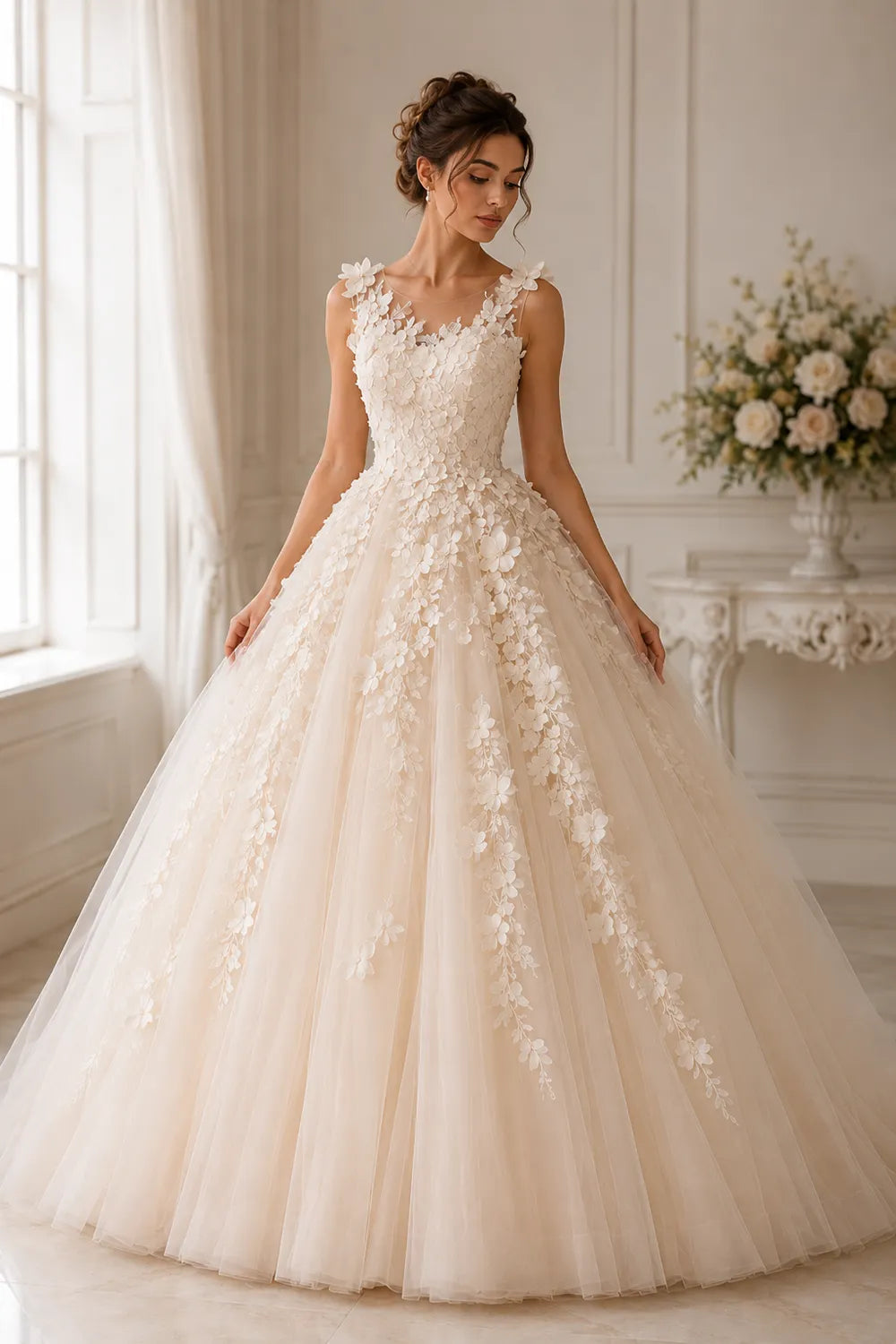 Romantic Flower Applique Evening Gown