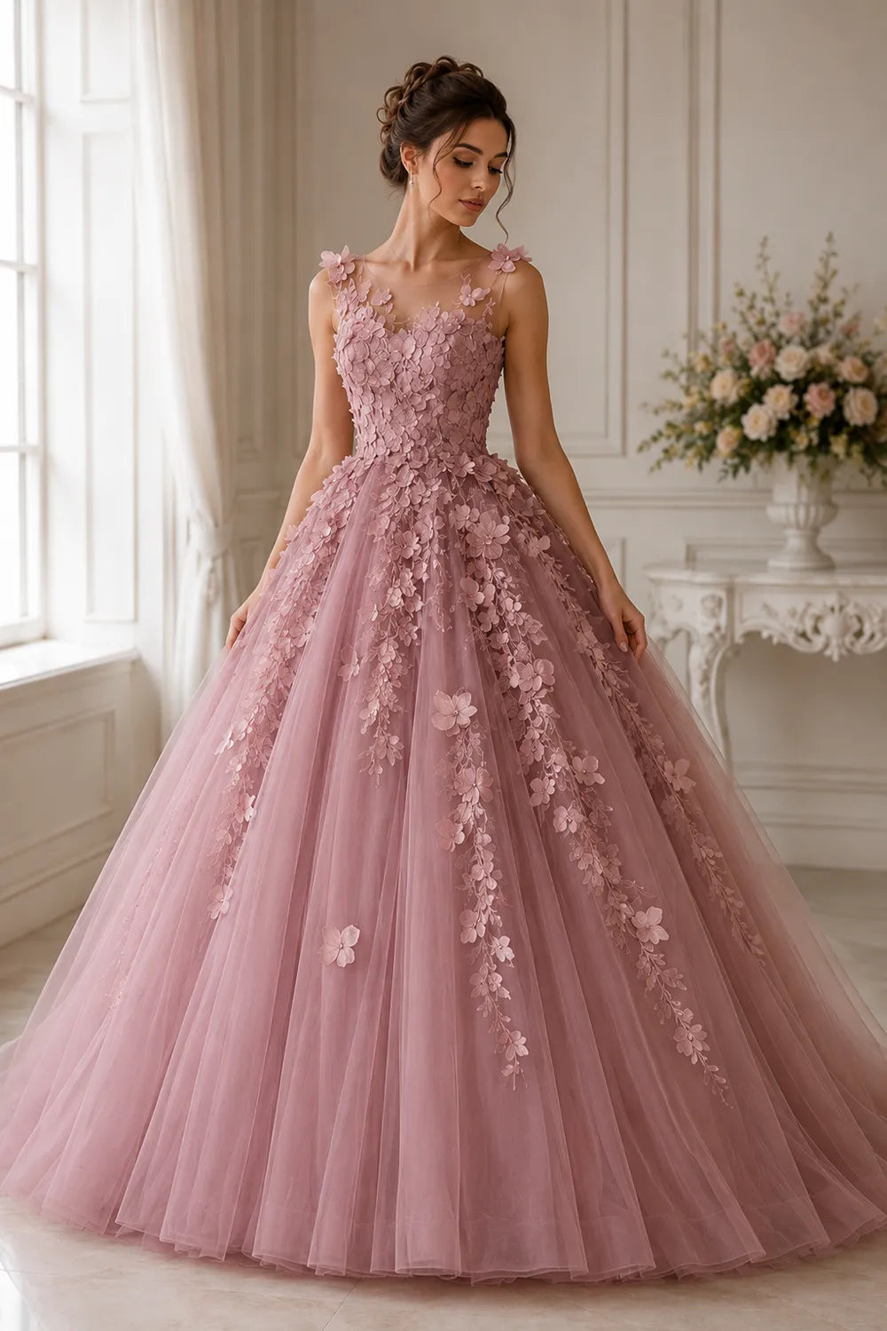 Romantic Flower Applique Evening Gown