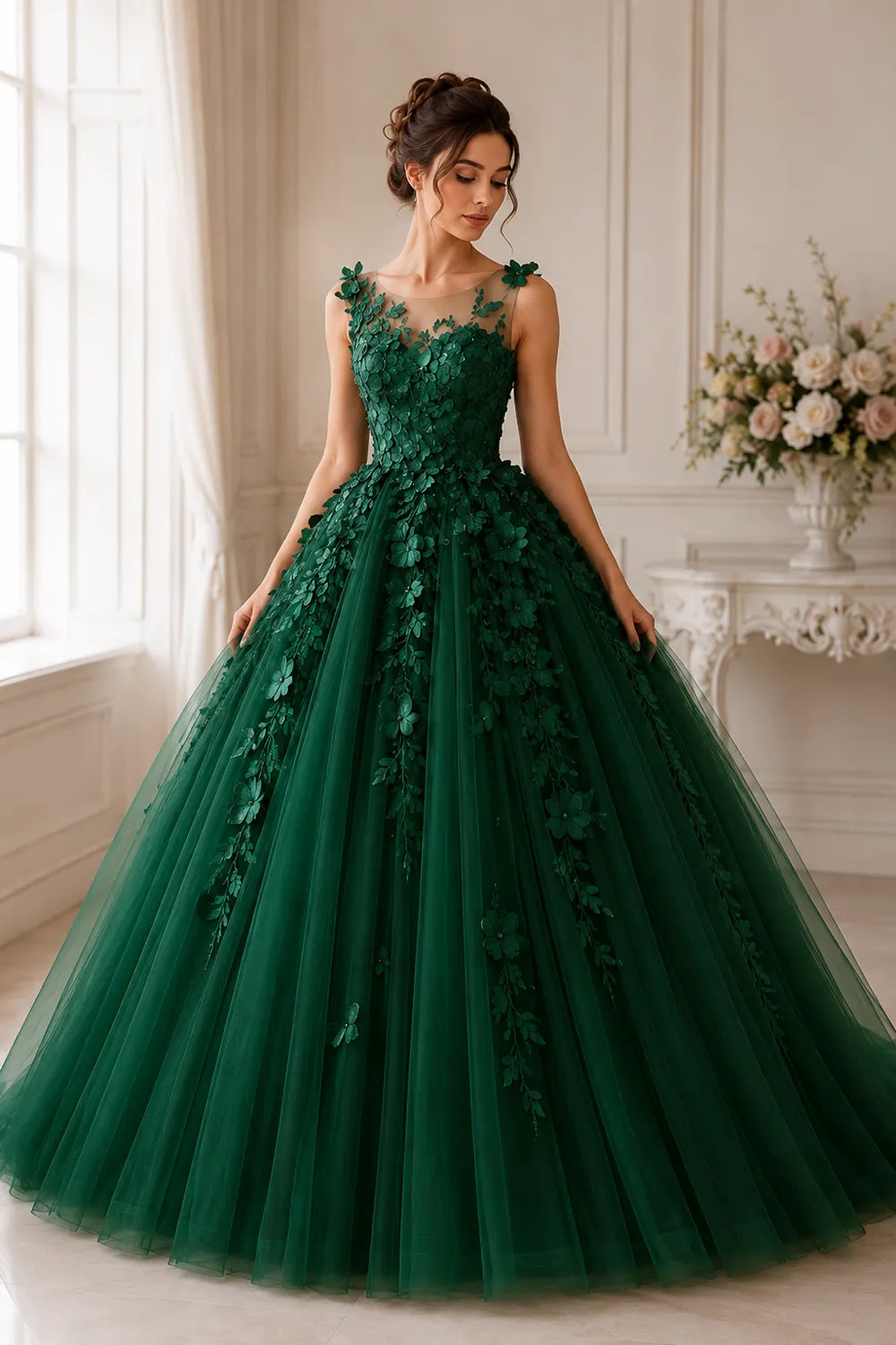 Romantic Flower Applique Evening Gown