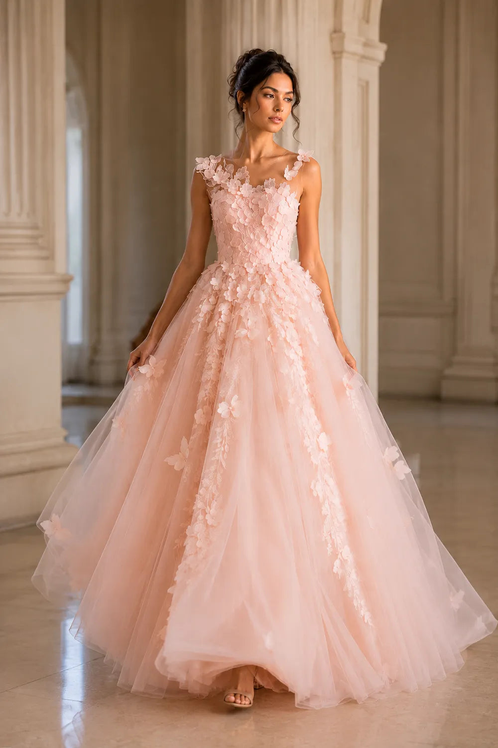 Romantic Flower Applique Evening Gown