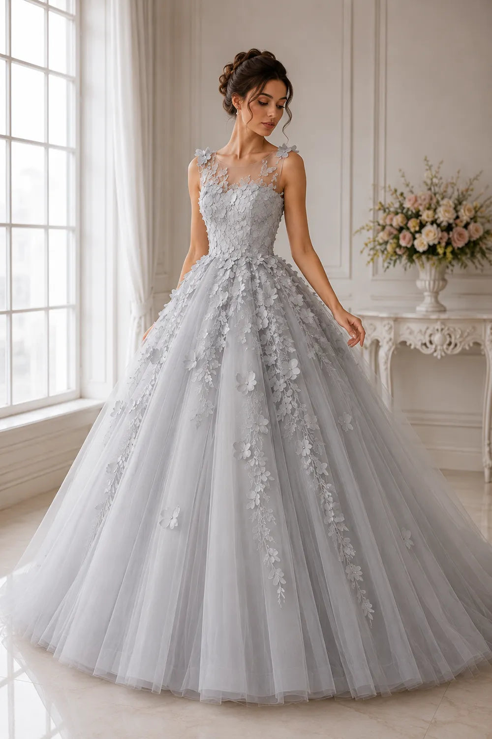 Romantic Flower Applique Evening Gown