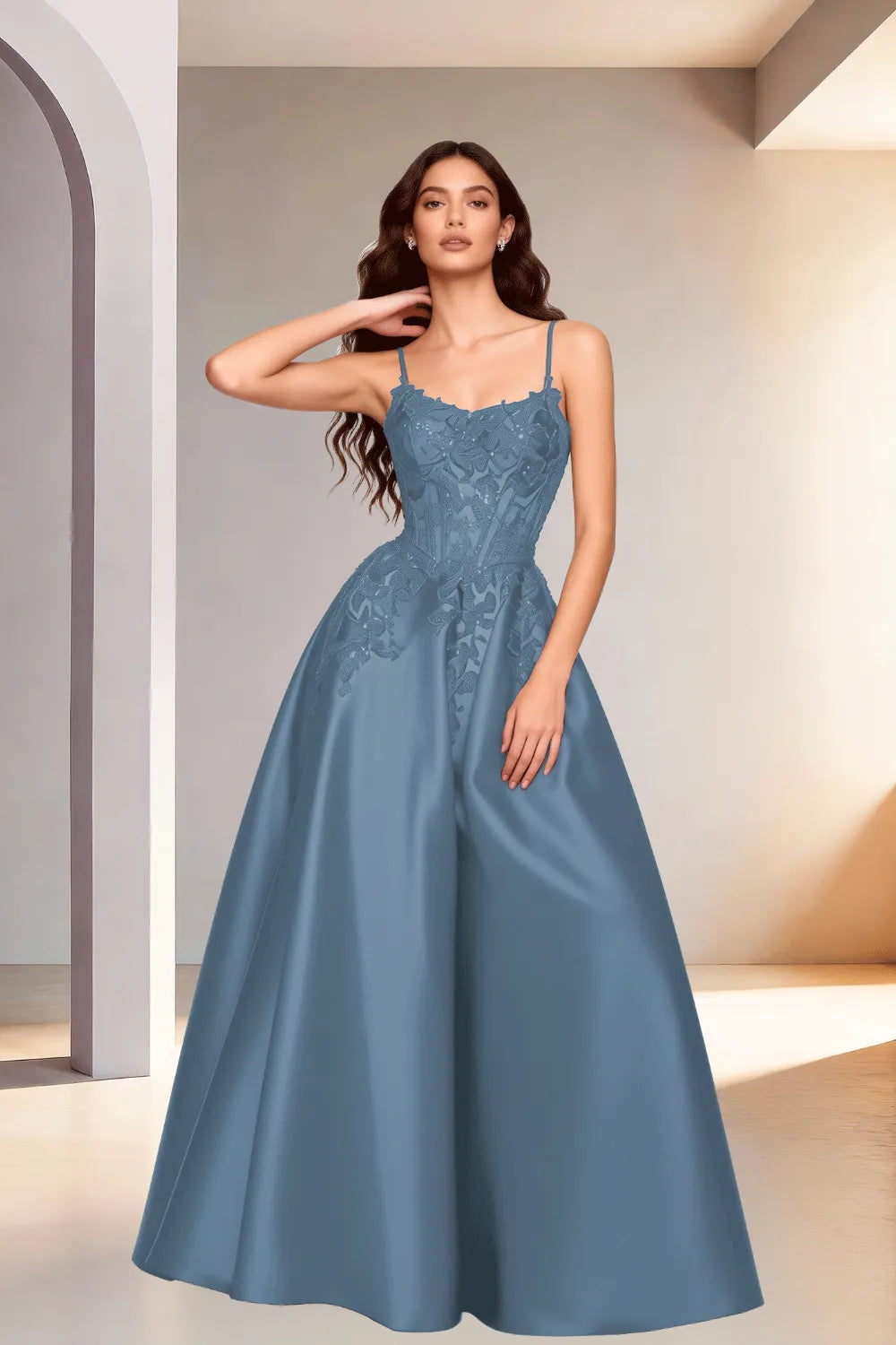 Celestia Lace Bodice A-Line Evening Gown