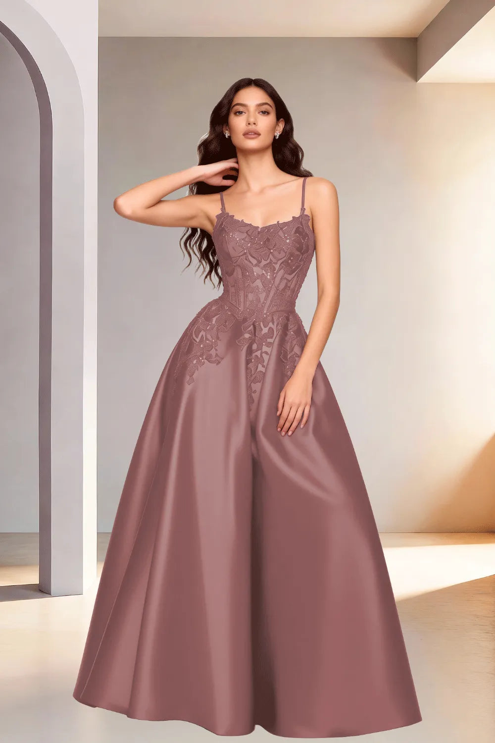 Celestia Lace Bodice A-Line Evening Gown