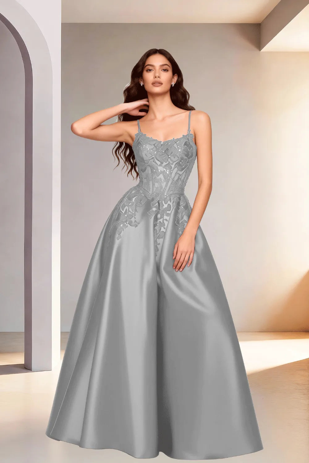 Celestia Lace Bodice A-Line Evening Gown