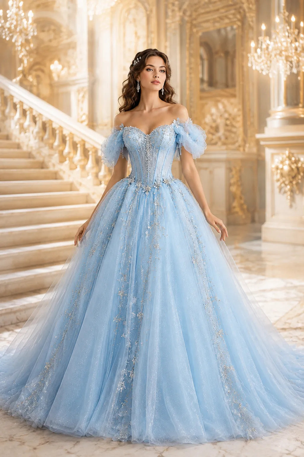 Fairytale Corset Tulle Ball Gown with Floral Details