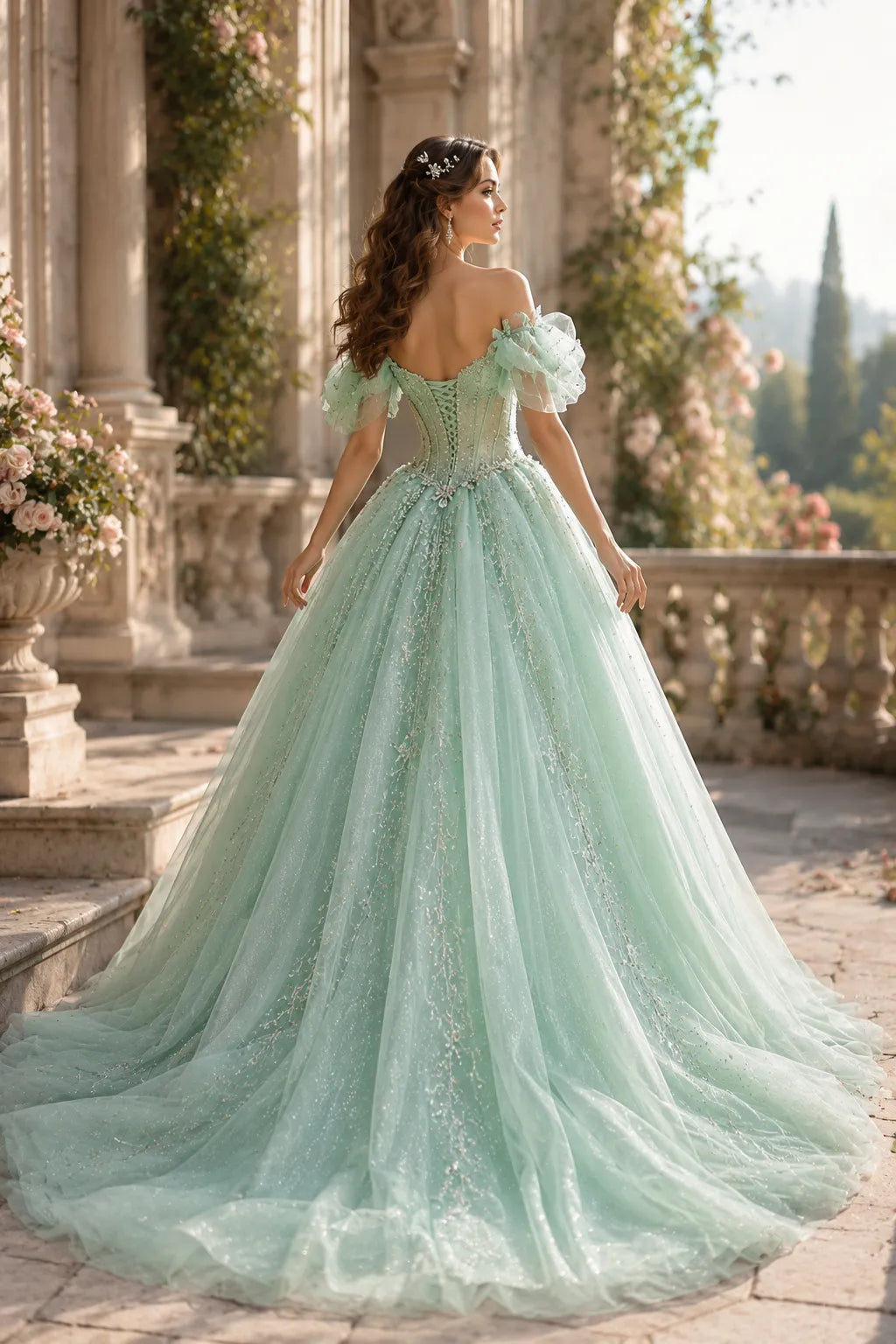 Fairytale Corset Tulle Ball Gown with Floral Details