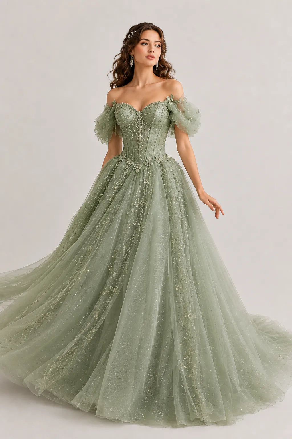 Fairytale Corset Tulle Ball Gown with Floral Details