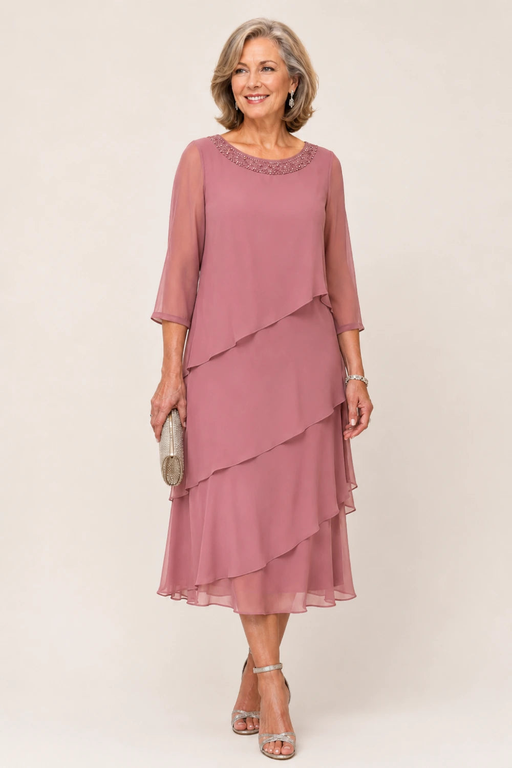 Tiered Chiffon Midi Formal Dress with Sheer Sleeves