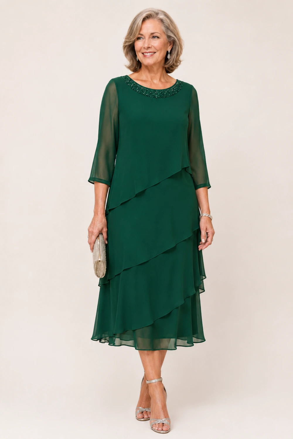 Tiered Chiffon Midi Formal Dress with Sheer Sleeves