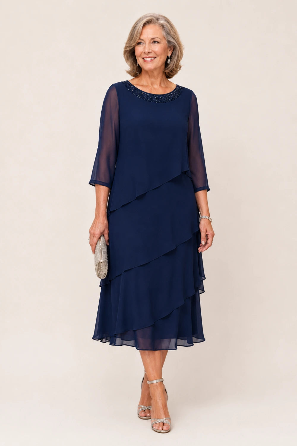 Tiered Chiffon Midi Formal Dress with Sheer Sleeves