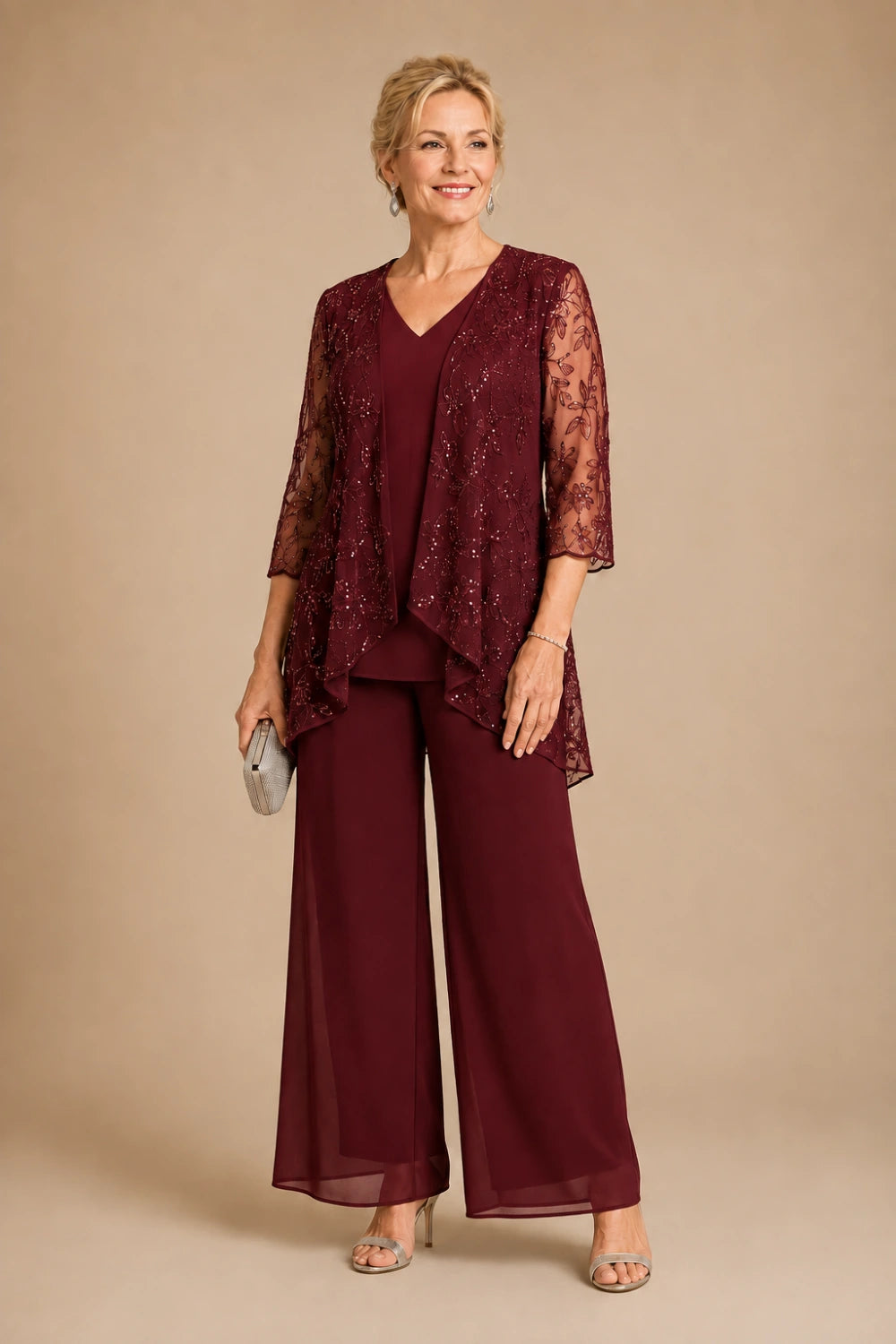 V-Neck Beaded Lace Three-Piece Pant Suit
