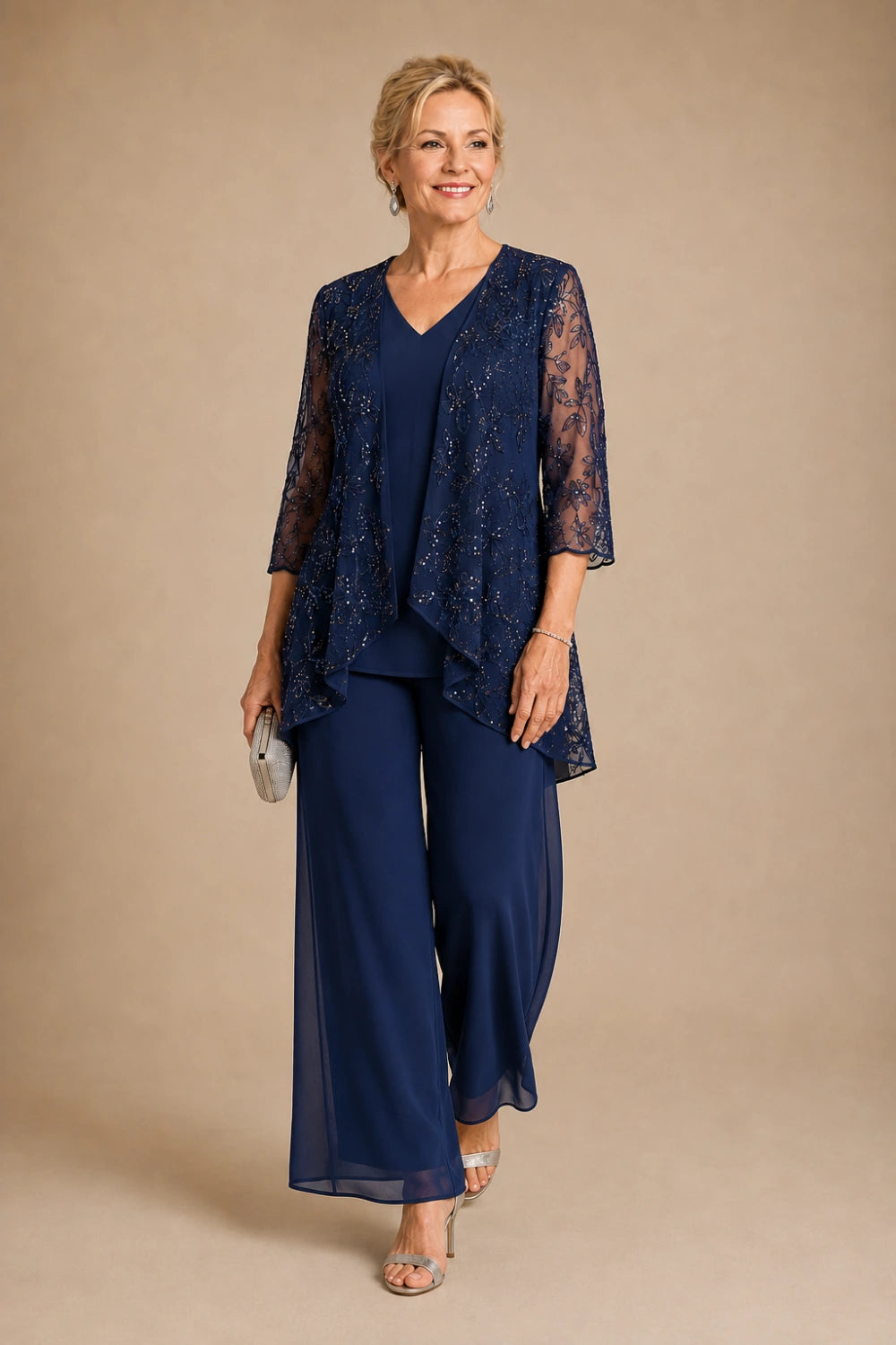 V-Neck Beaded Lace Three-Piece Pant Suit
