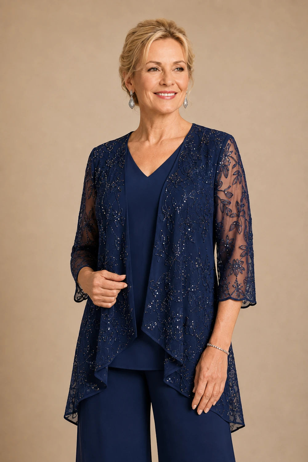V-Neck Beaded Lace Three-Piece Pant Suit