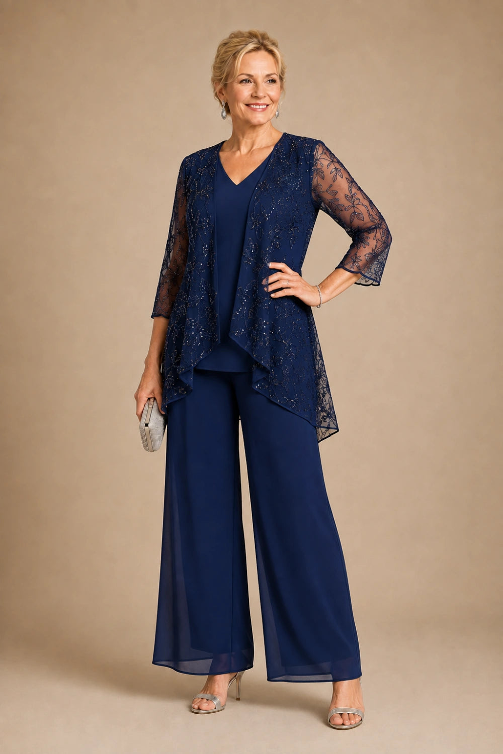 V-Neck Beaded Lace Three-Piece Pant Suit