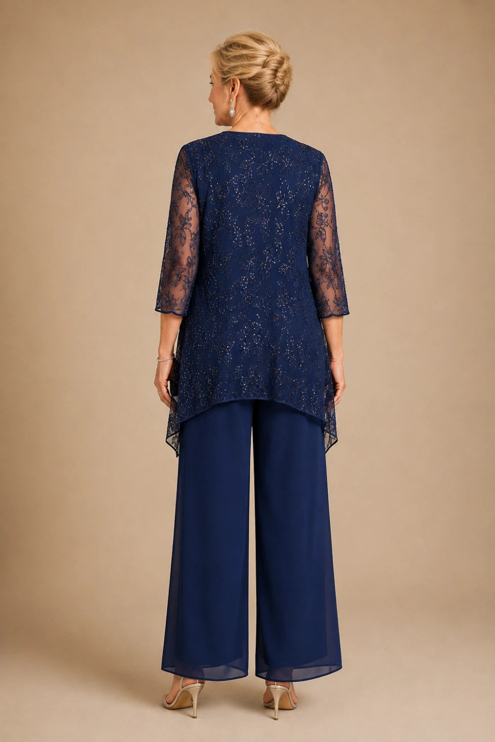 V-Neck Beaded Lace Three-Piece Pant Suit