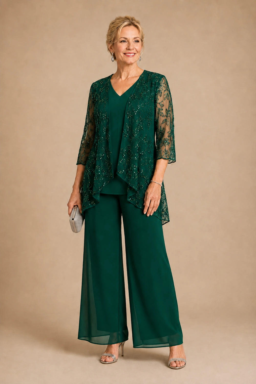 V-Neck Beaded Lace Three-Piece Pant Suit