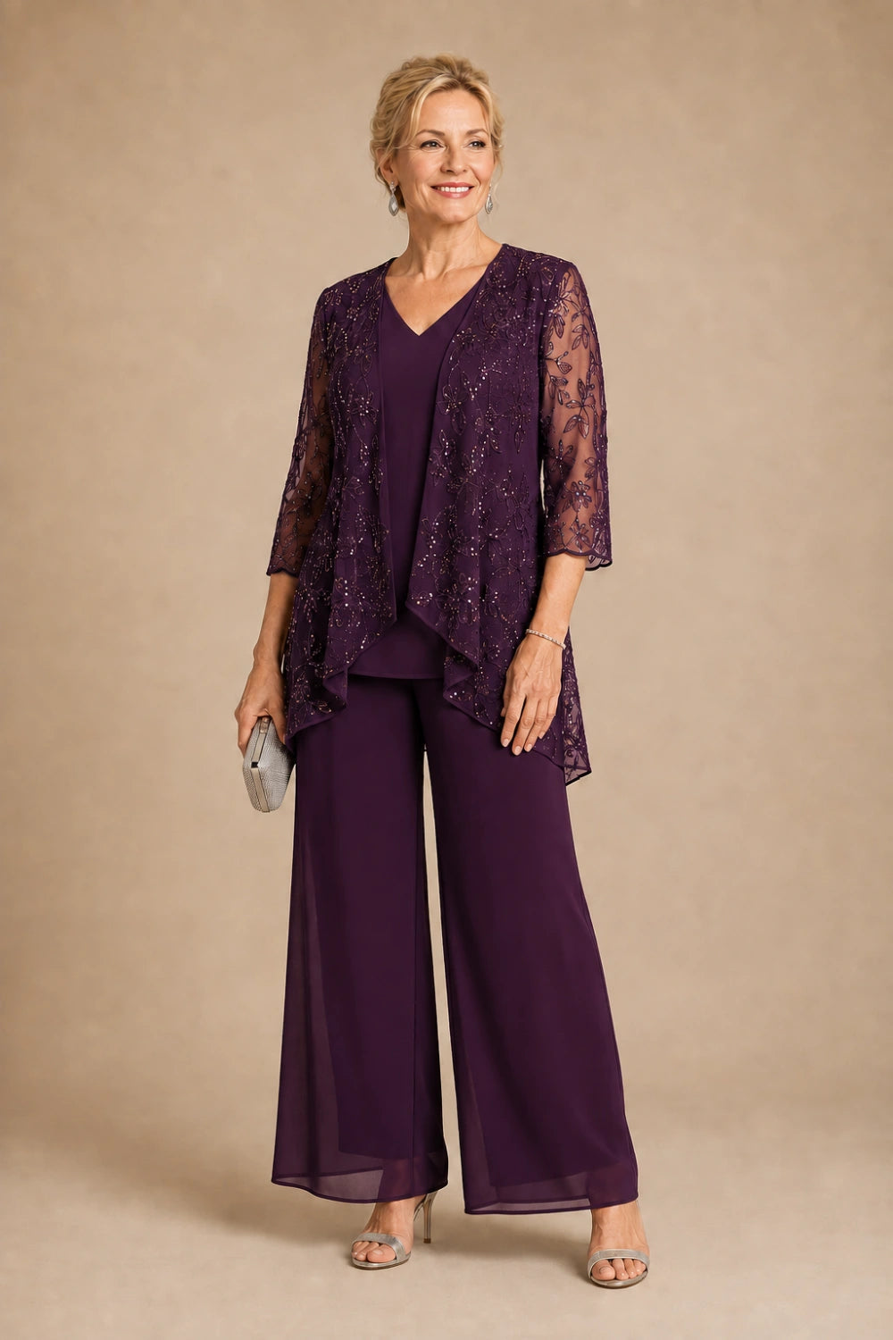 V-Neck Beaded Lace Three-Piece Pant Suit