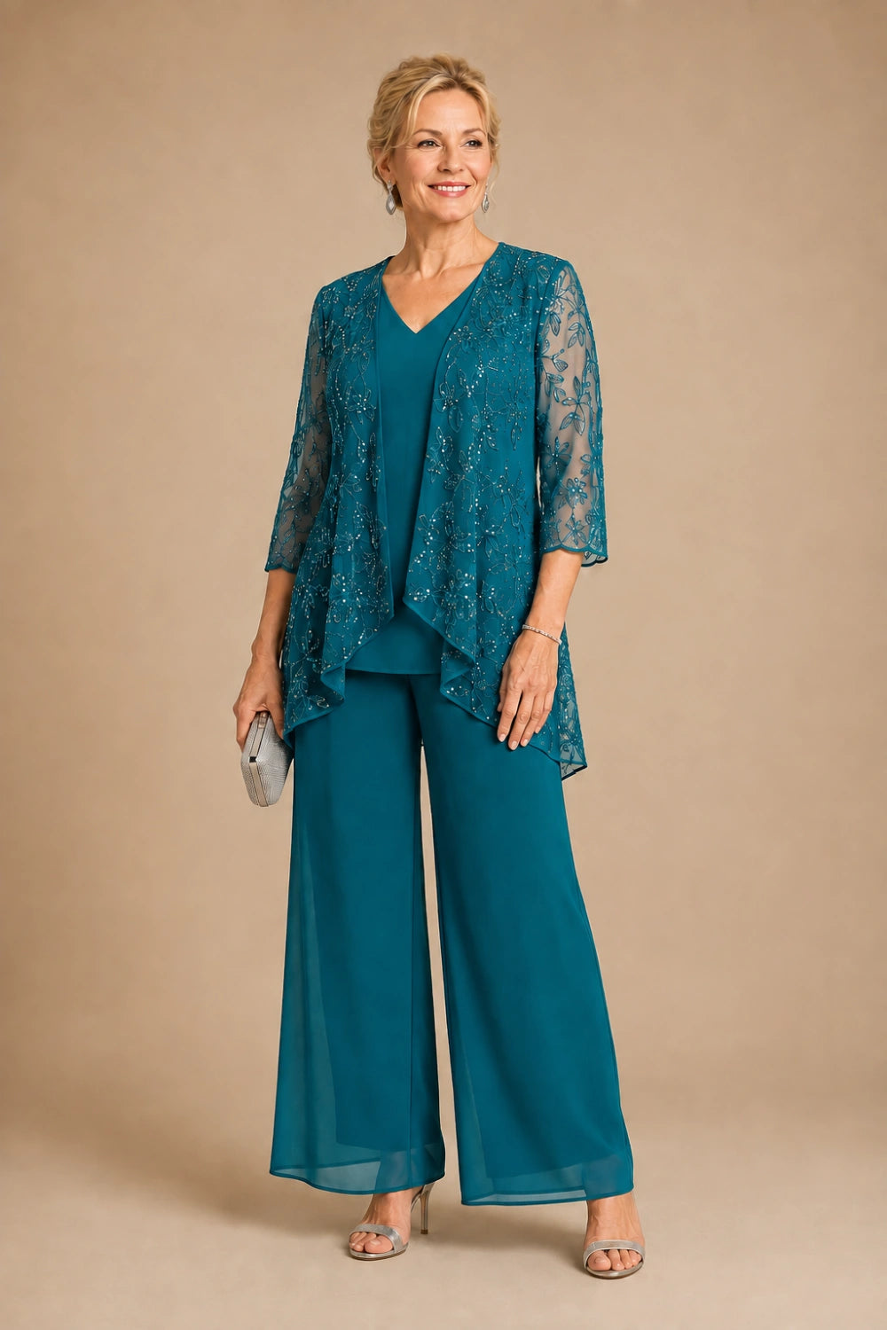 V-Neck Beaded Lace Three-Piece Pant Suit