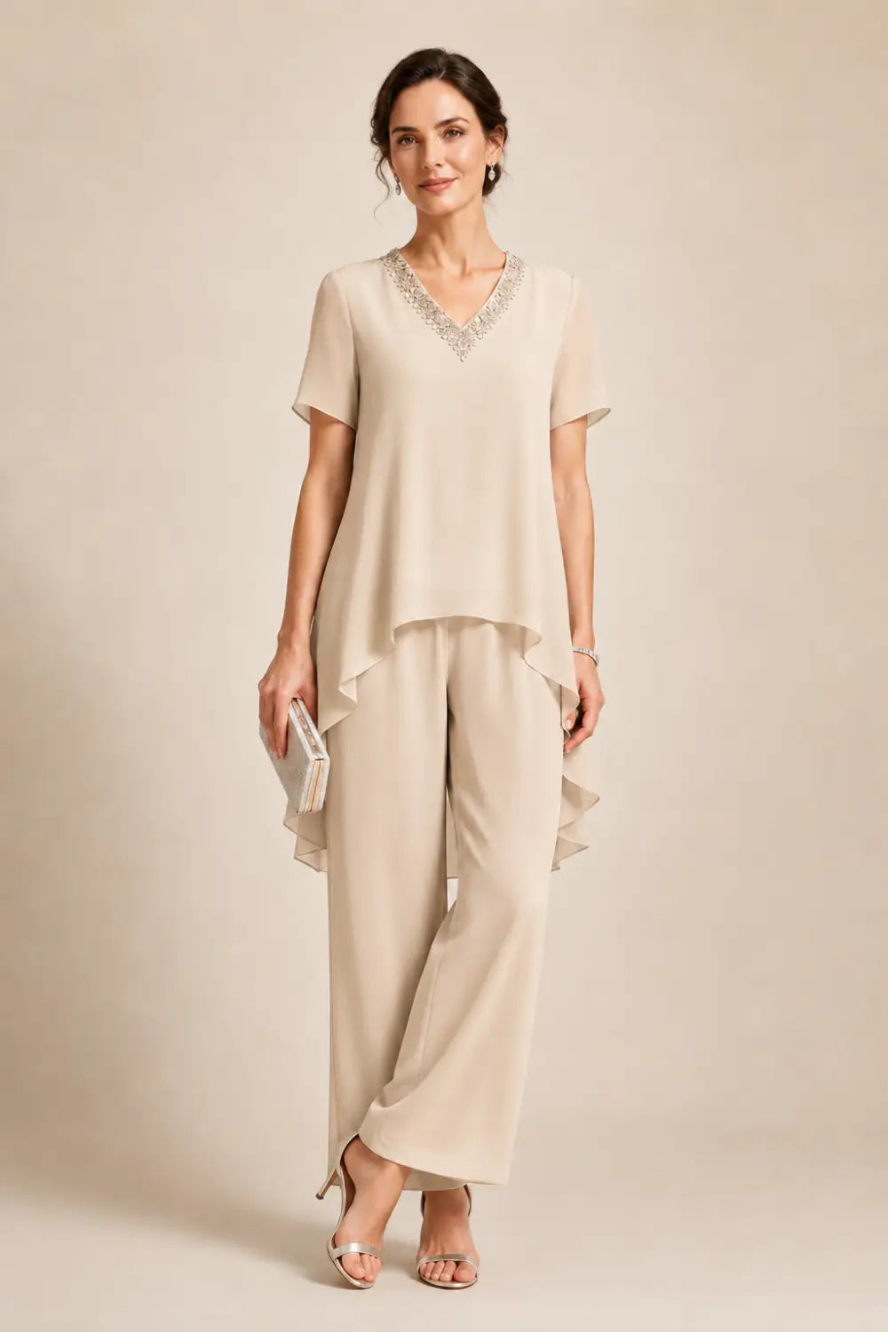 V-Neck Chiffon Asymmetric Capelet Pant Suit