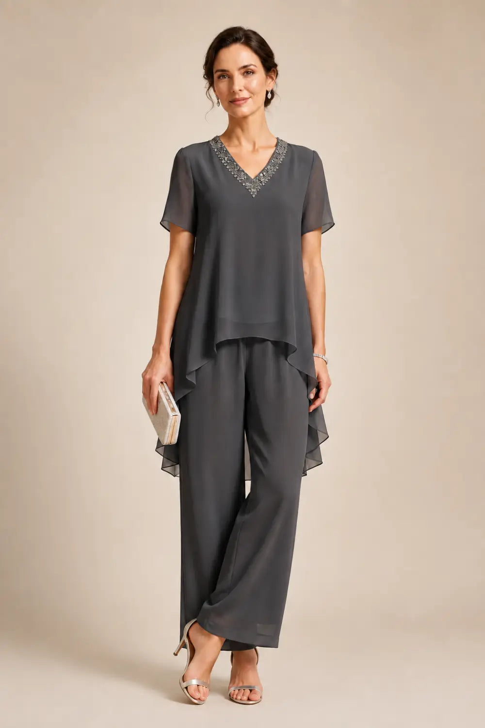 V-Neck Chiffon Asymmetric Capelet Pant Suit