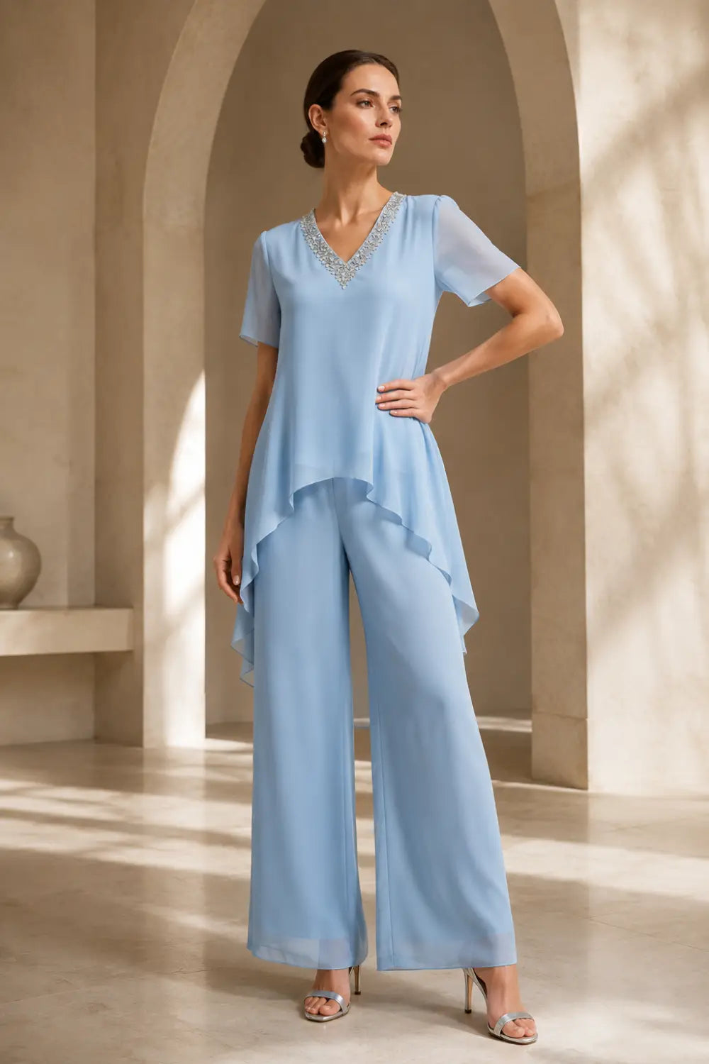 V-Neck Chiffon Asymmetric Capelet Pant Suit