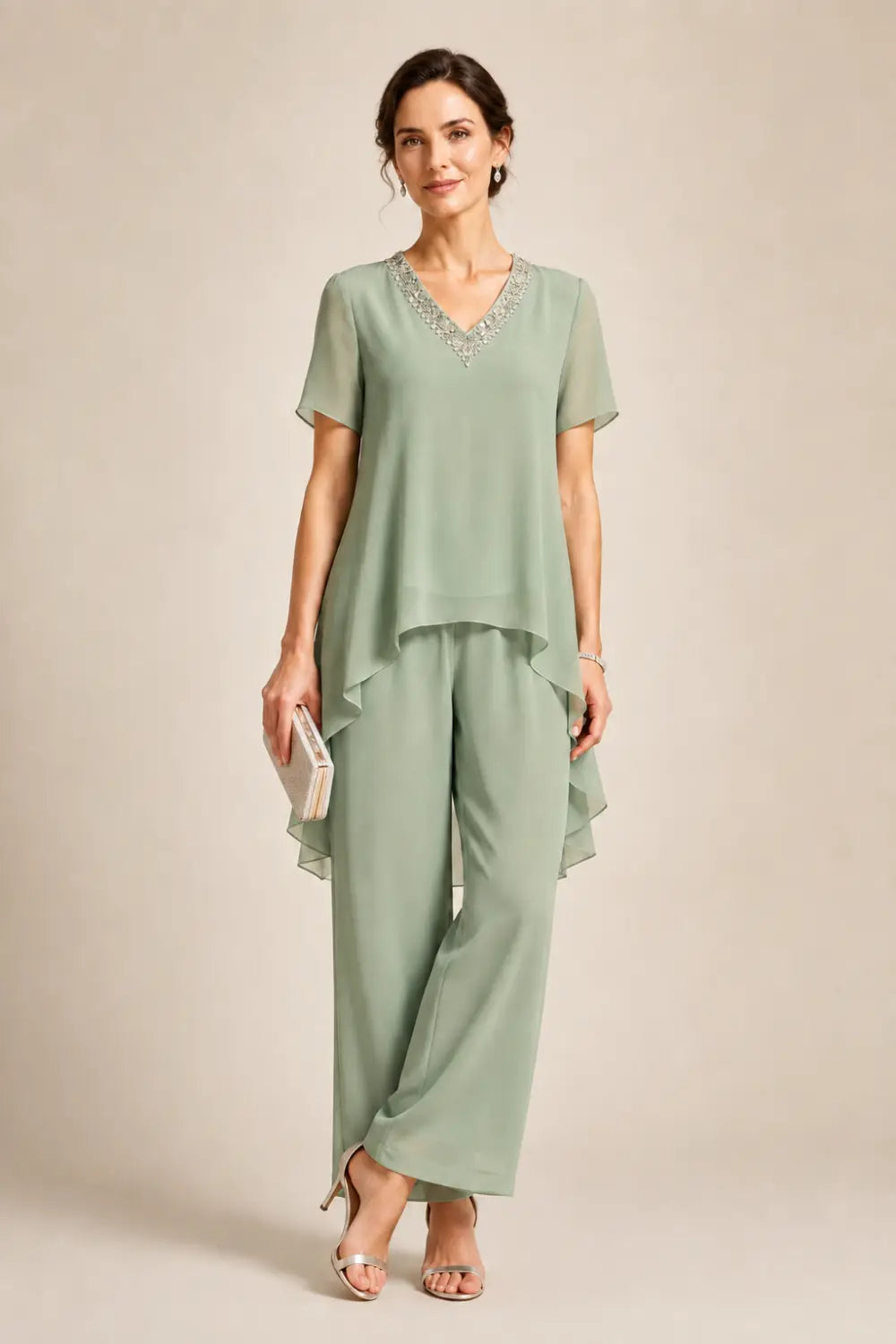 V-Neck Chiffon Asymmetric Capelet Pant Suit