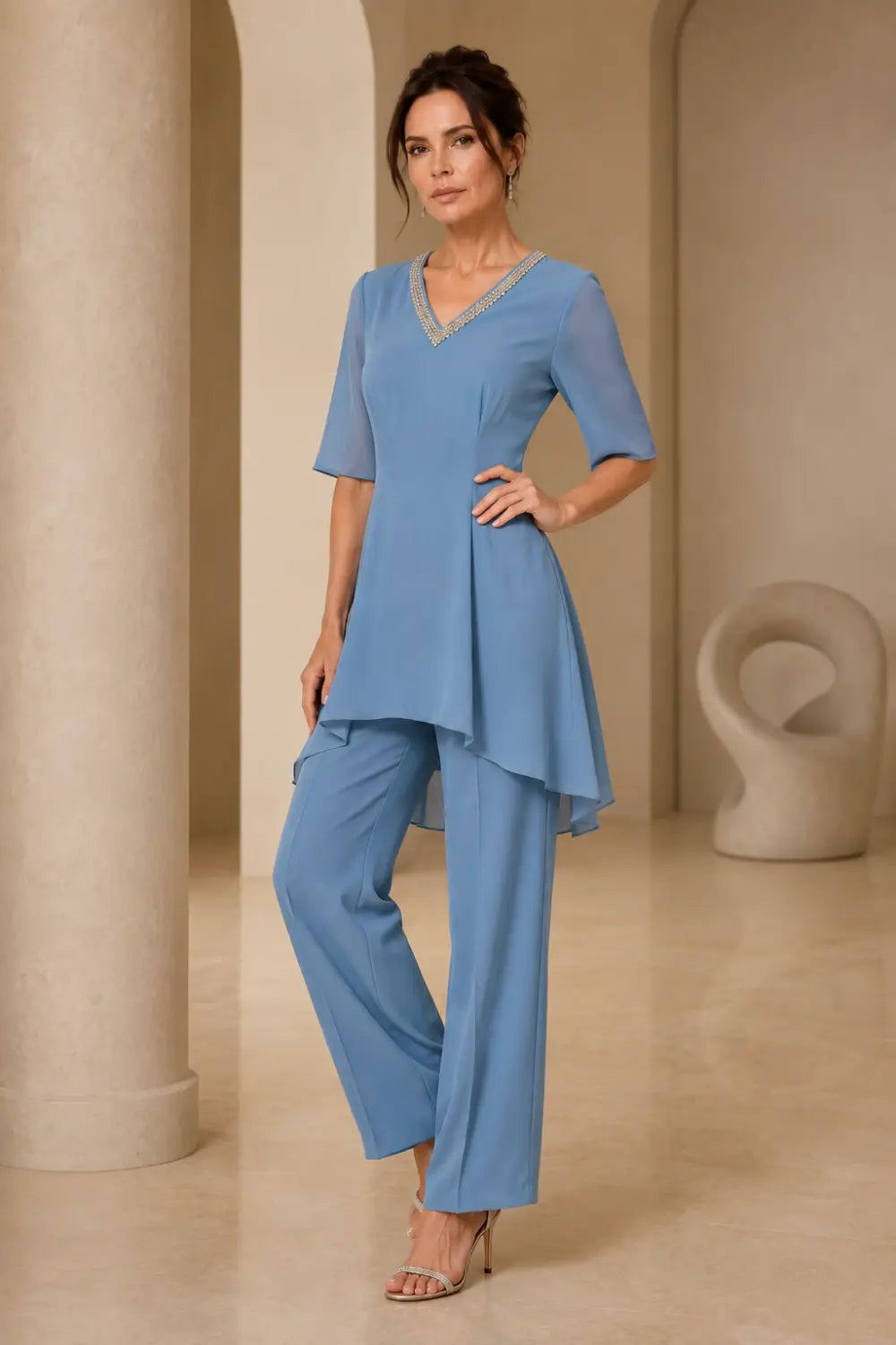 V-Neck Chiffon High-Low Pant Suit with Wide-Leg Pants