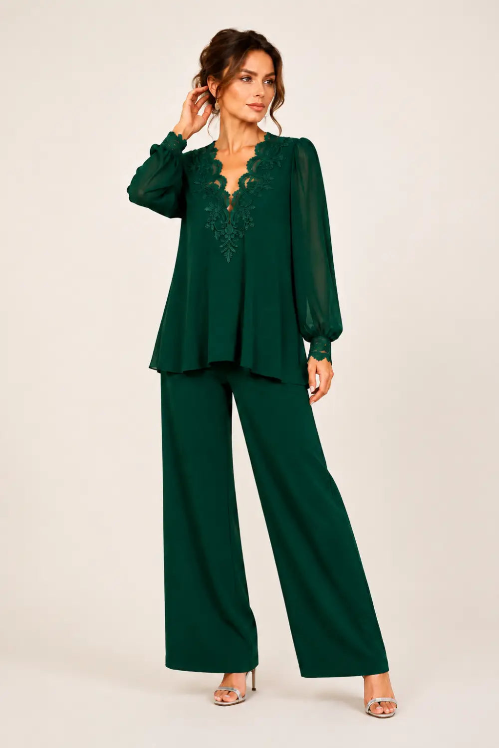 V-Neck Layered Chiffon Pant Suit with Wide-Leg Pants