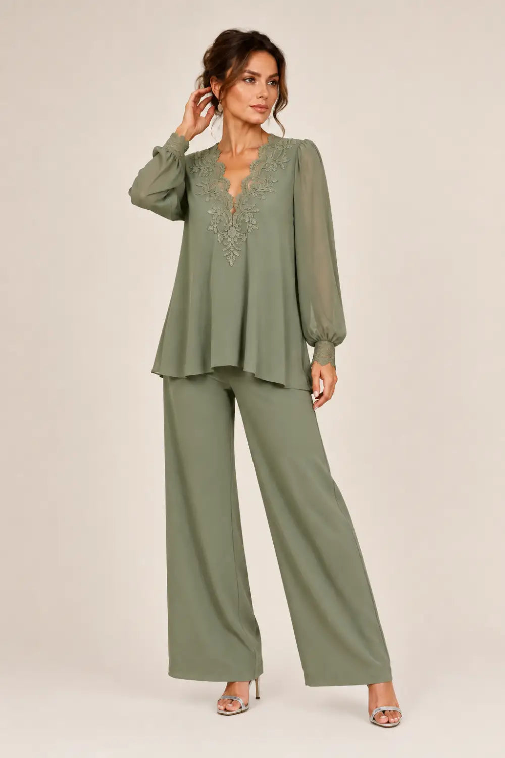 V-Neck Layered Chiffon Pant Suit with Wide-Leg Pants