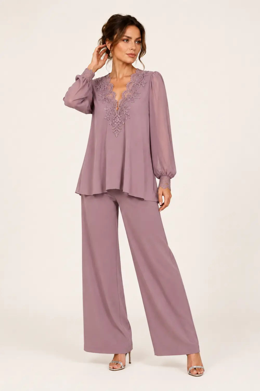 V-Neck Layered Chiffon Pant Suit with Wide-Leg Pants