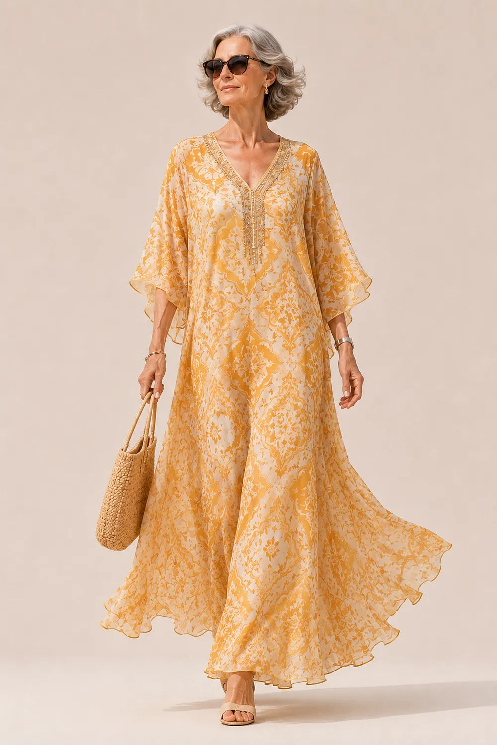 Embellished V-Neck Flowing Maxi Dress