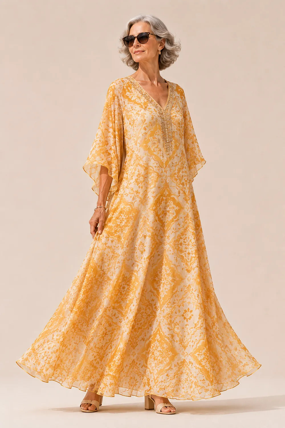 Embellished V-Neck Flowing Maxi Dress