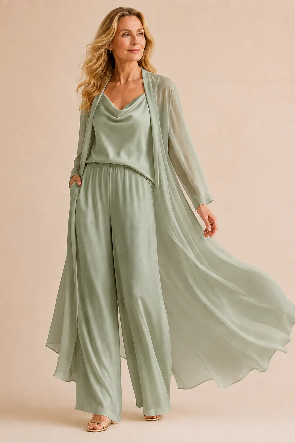 Elegant Cowl Neck Chiffon Pant Set with Duster