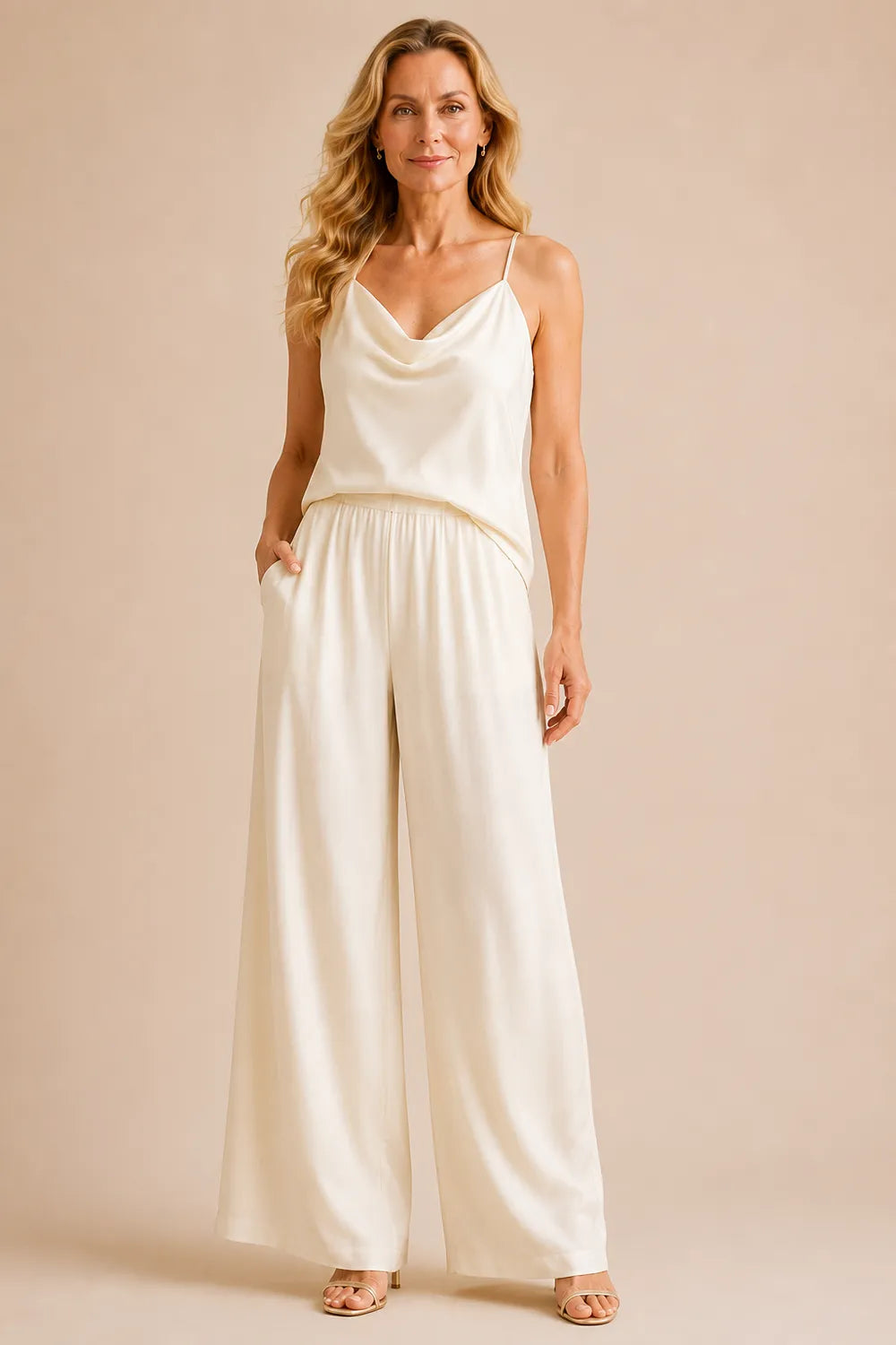Elegant Cowl Neck Chiffon Pant Set with Duster