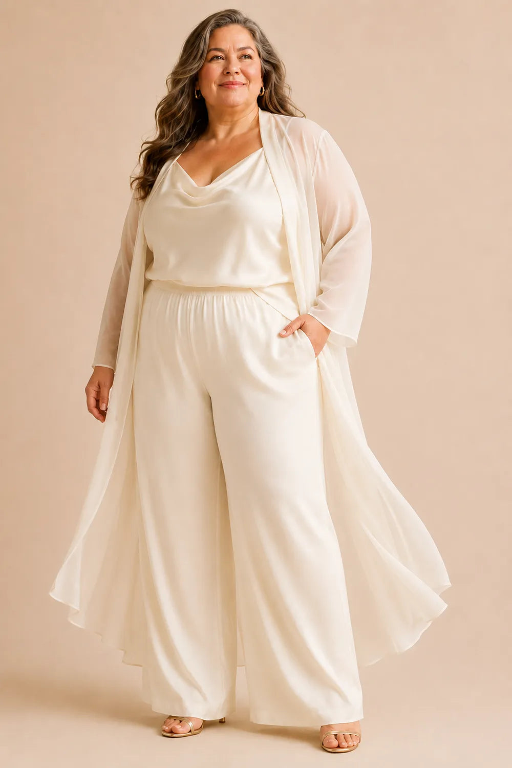 Elegant Cowl Neck Chiffon Pant Set with Duster