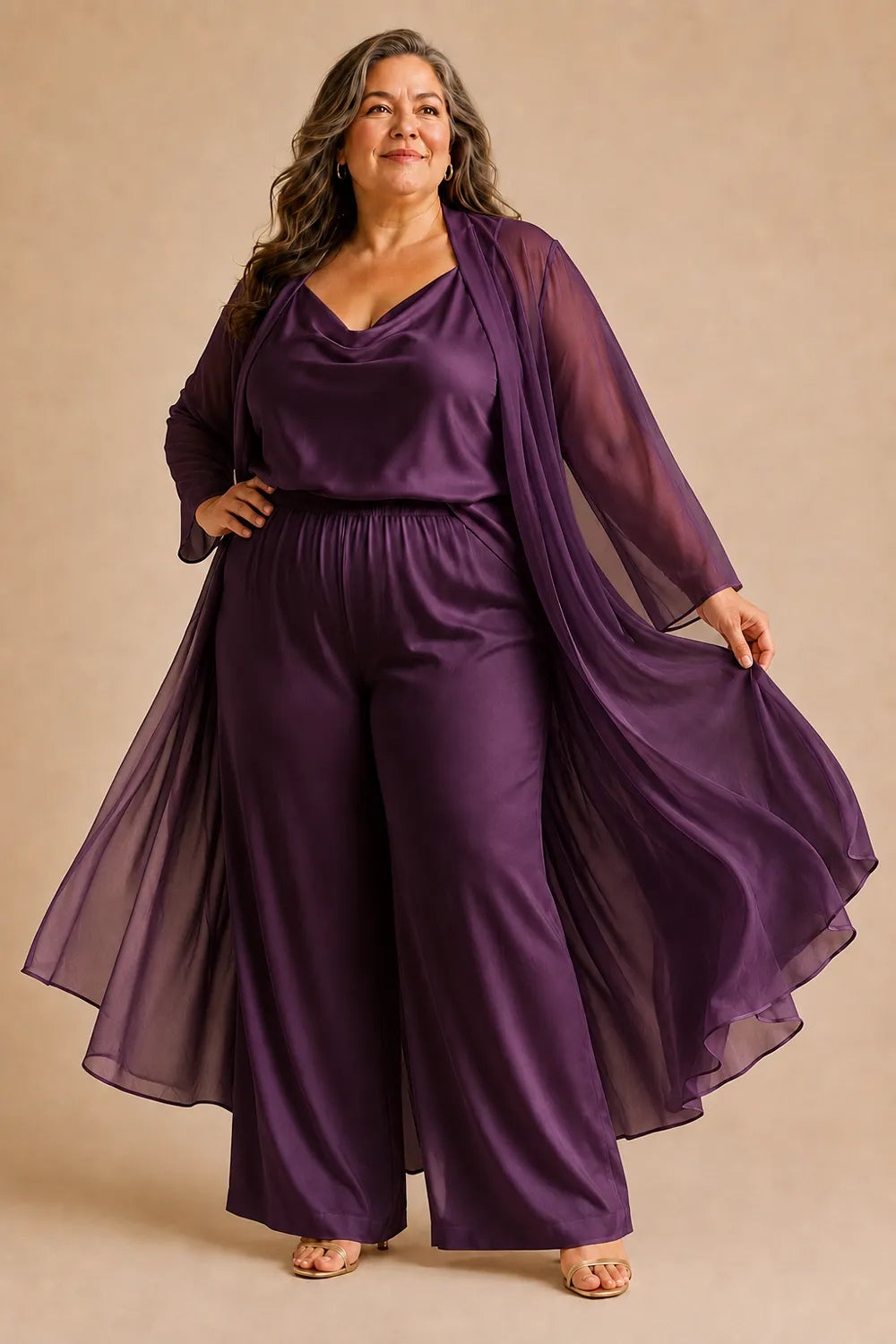 Elegant Cowl Neck Chiffon Pant Set with Duster