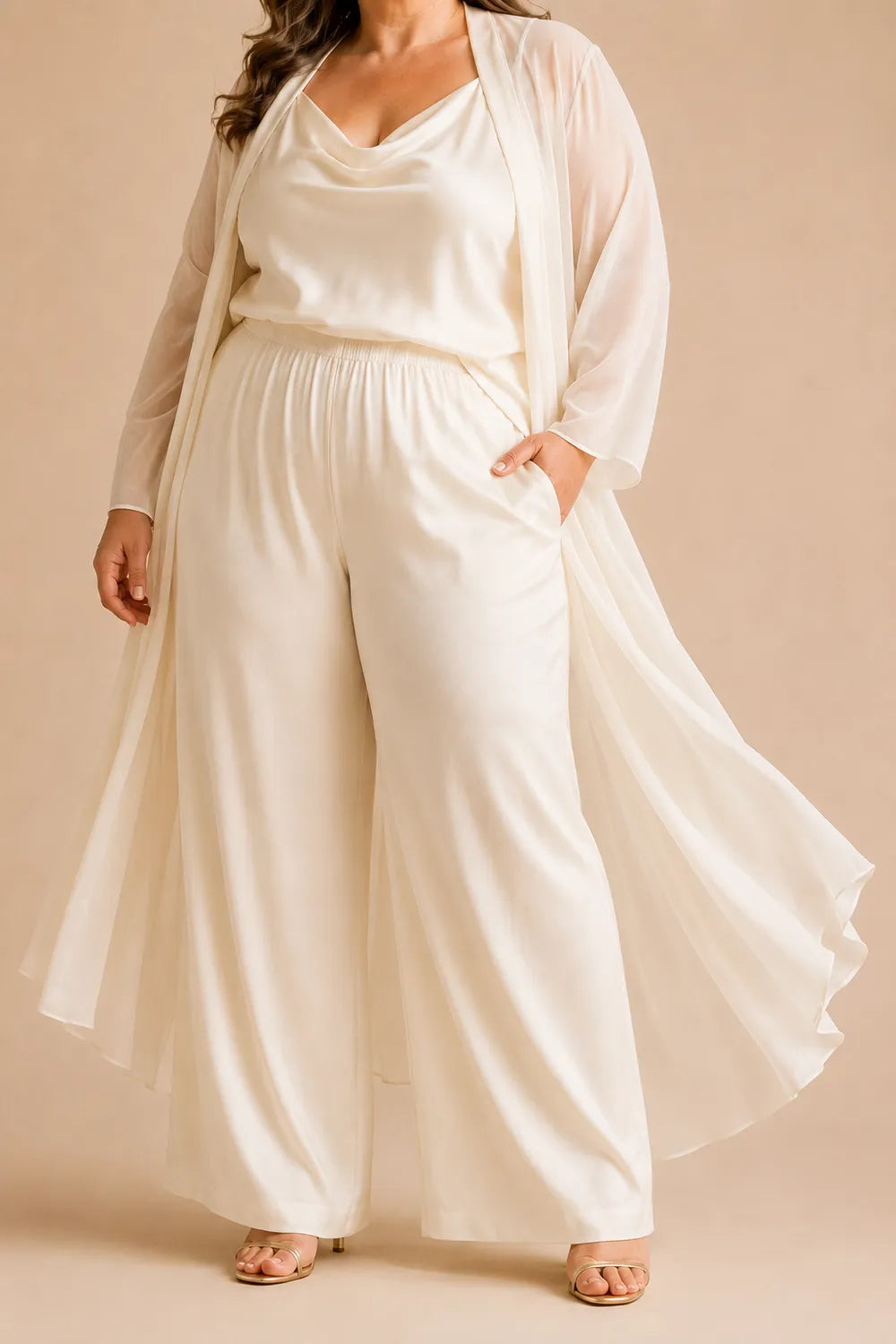 Elegant Cowl Neck Chiffon Pant Set with Duster